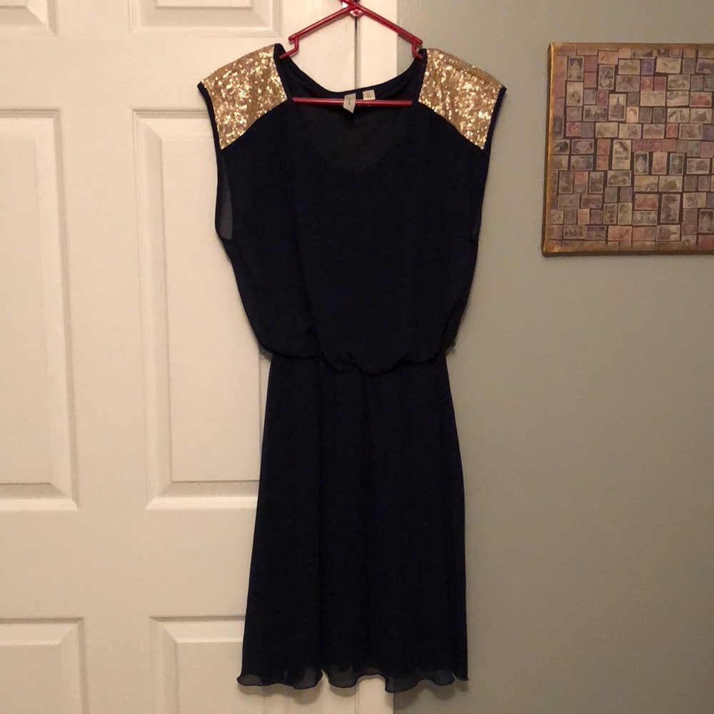 Navy dress with gold sequin sleeves